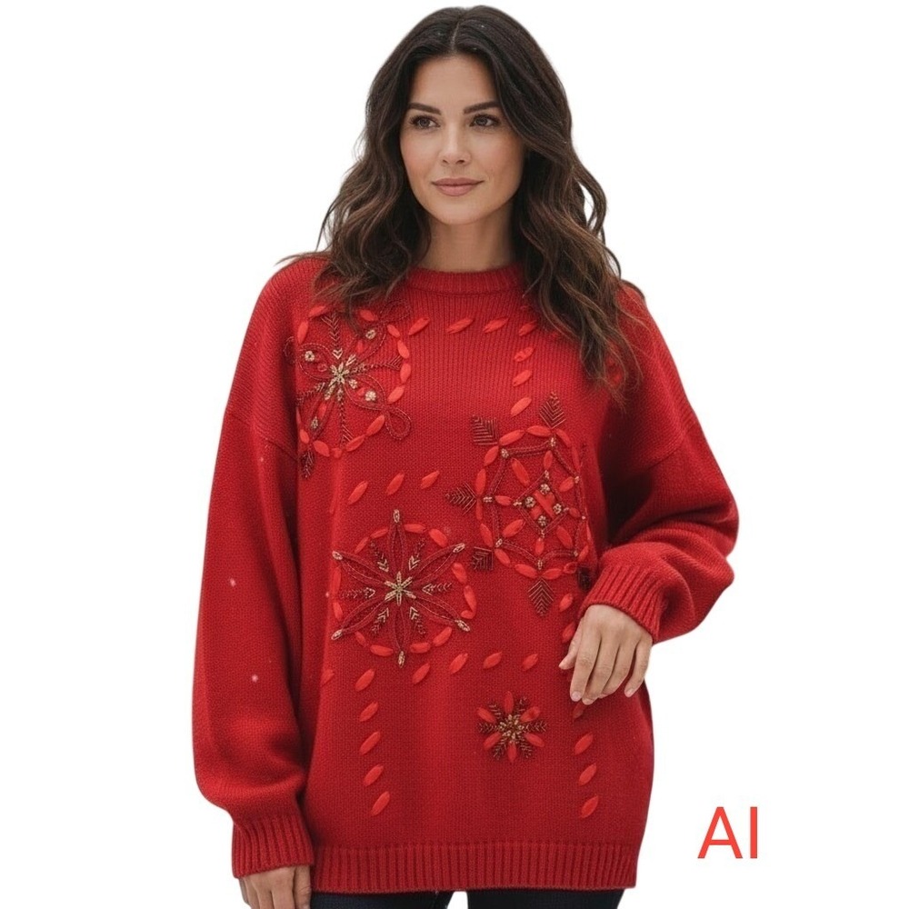 Santoria Red Beaded Snowflake Embellished Knit Sweater L Holiday Festive Vintage